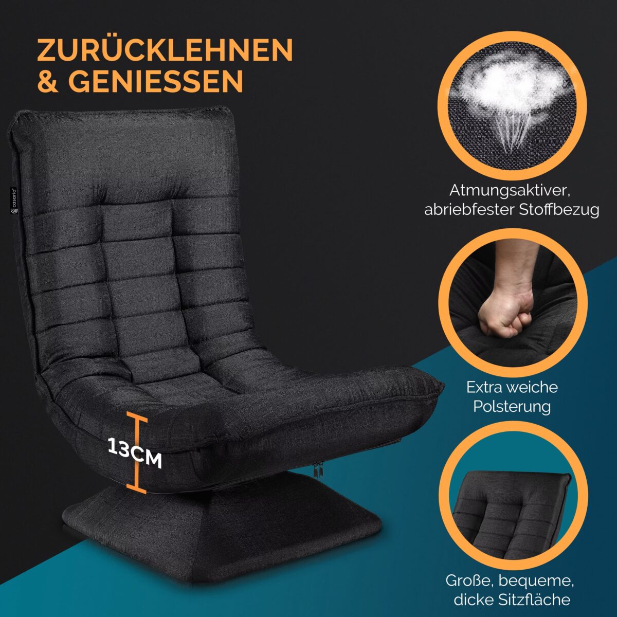 Fotoliu relaxare Casaria, rotire 360°, inclinabil in 5 pozitii, tesatura de in, negru - imagine 5