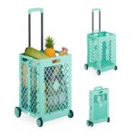 Carucior pentru cumparaturi, pliabil, maner telescopic, capacitate mare, turcoaz, Relaxdays