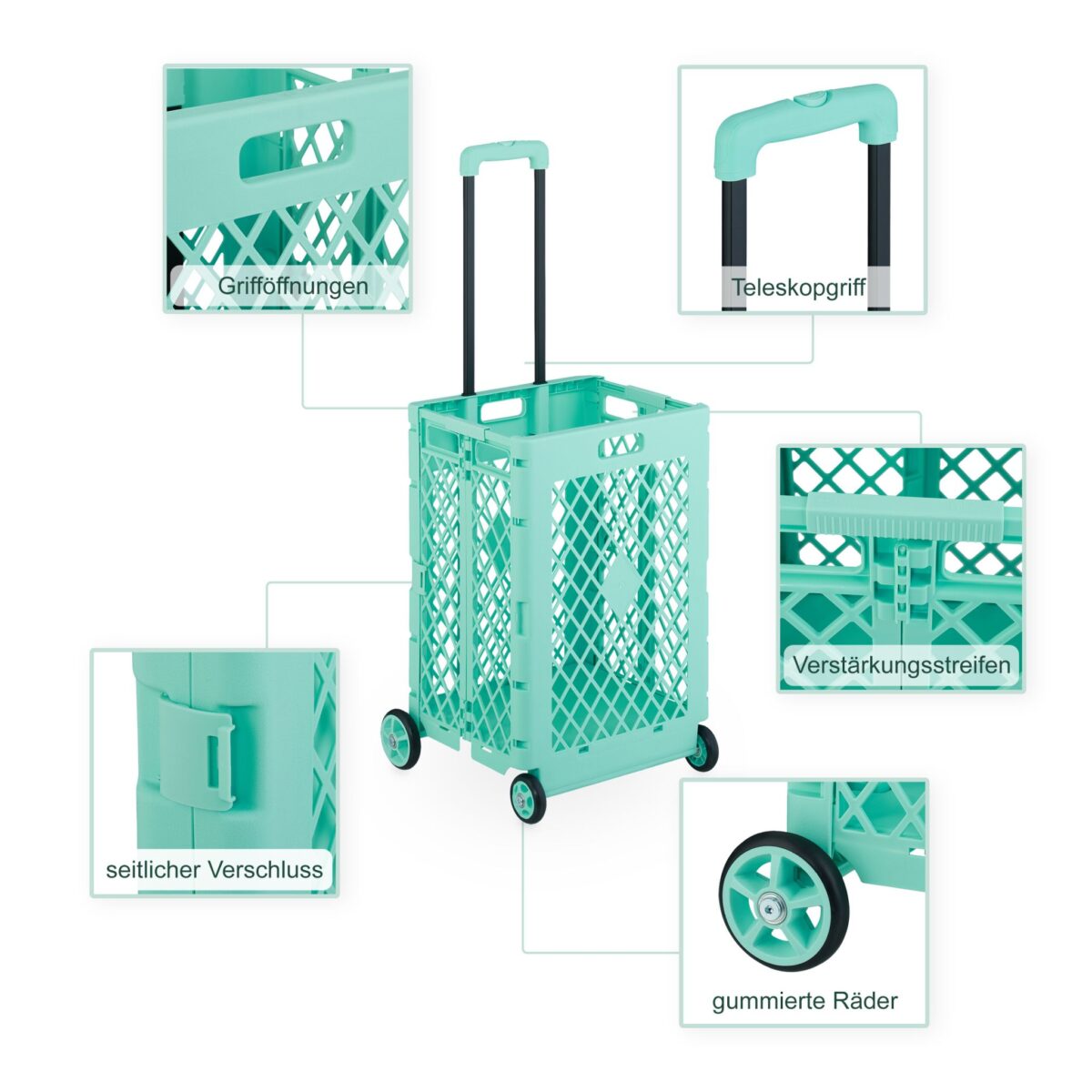 Carucior pentru cumparaturi, pliabil, maner telescopic, capacitate mare, turcoaz, Relaxdays - imagine 3