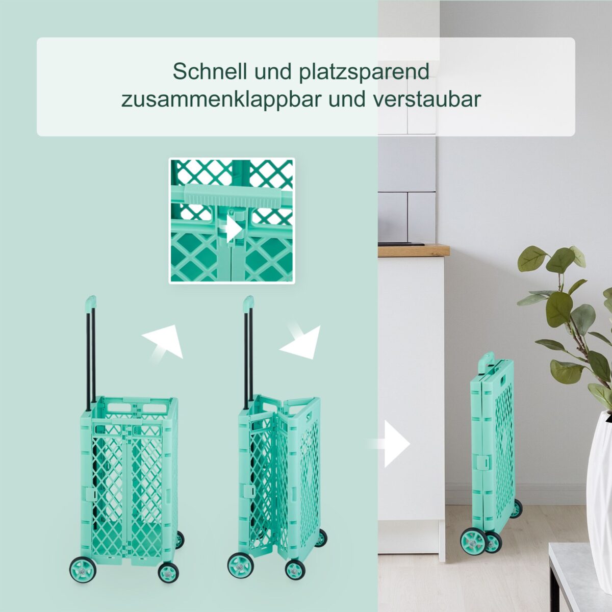 Carucior pentru cumparaturi, pliabil, maner telescopic, capacitate mare, turcoaz, Relaxdays - imagine 6
