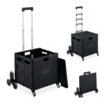 Carucior pentru cumparaturi si transport, cu 8 roti, maner reglabil, pliabil, negru, Relaxdays