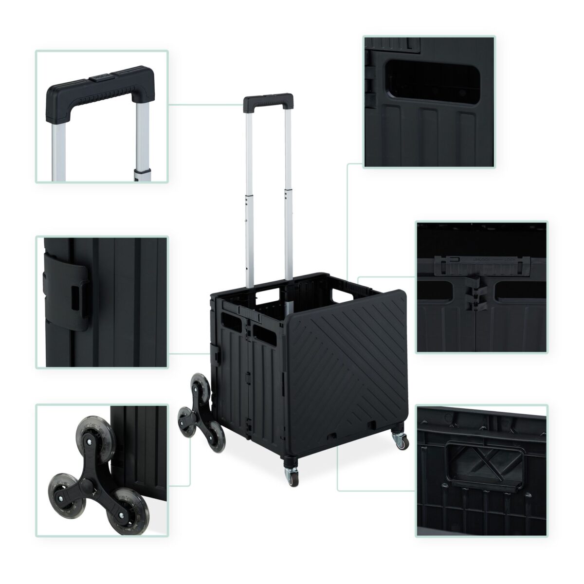 Carucior pentru cumparaturi si transport, cu 8 roti, maner reglabil, pliabil, negru, Relaxdays - imagine 3