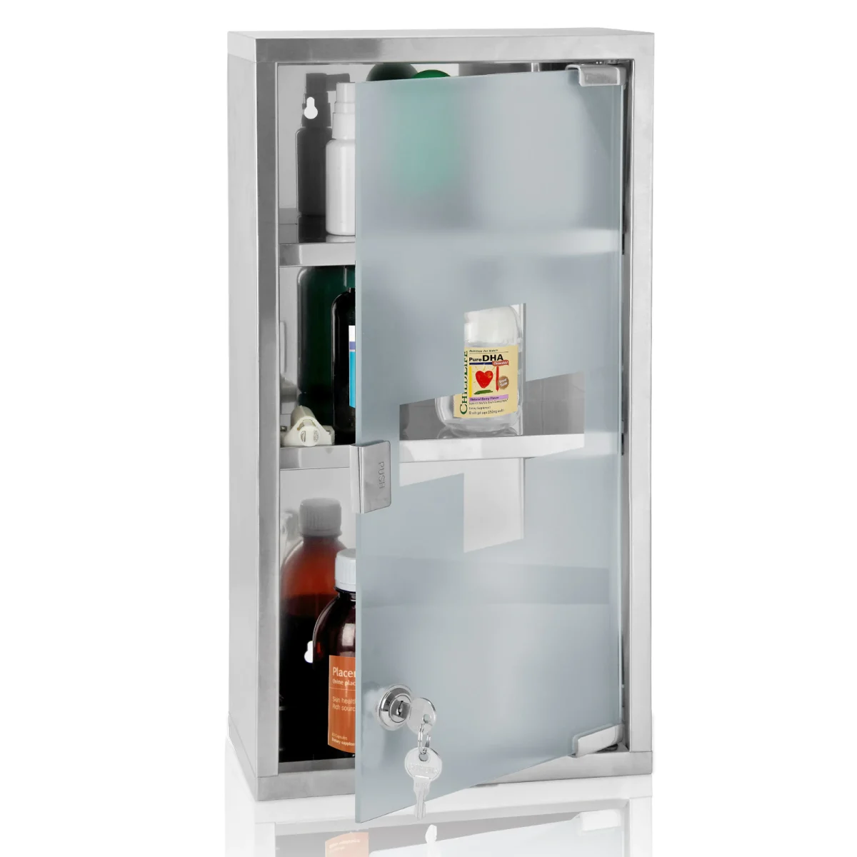 Dulap pentru medicamente,3etaje,inox+usa sticla matuita,magnet+2 chei, 48,5cm x 25cm x 12cm,Deuba - imagine 2