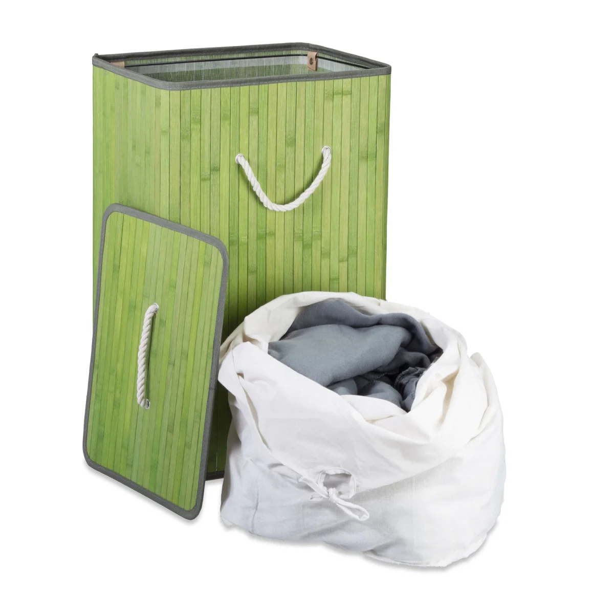 Cos rufe bambus, 82 litri, pliabil, cu capac, verde, Relaxdays - imagine 3