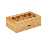 Cutie pentru ceai 8 compartimente + sertar pentru zahar, bambus natur, Relaxdays