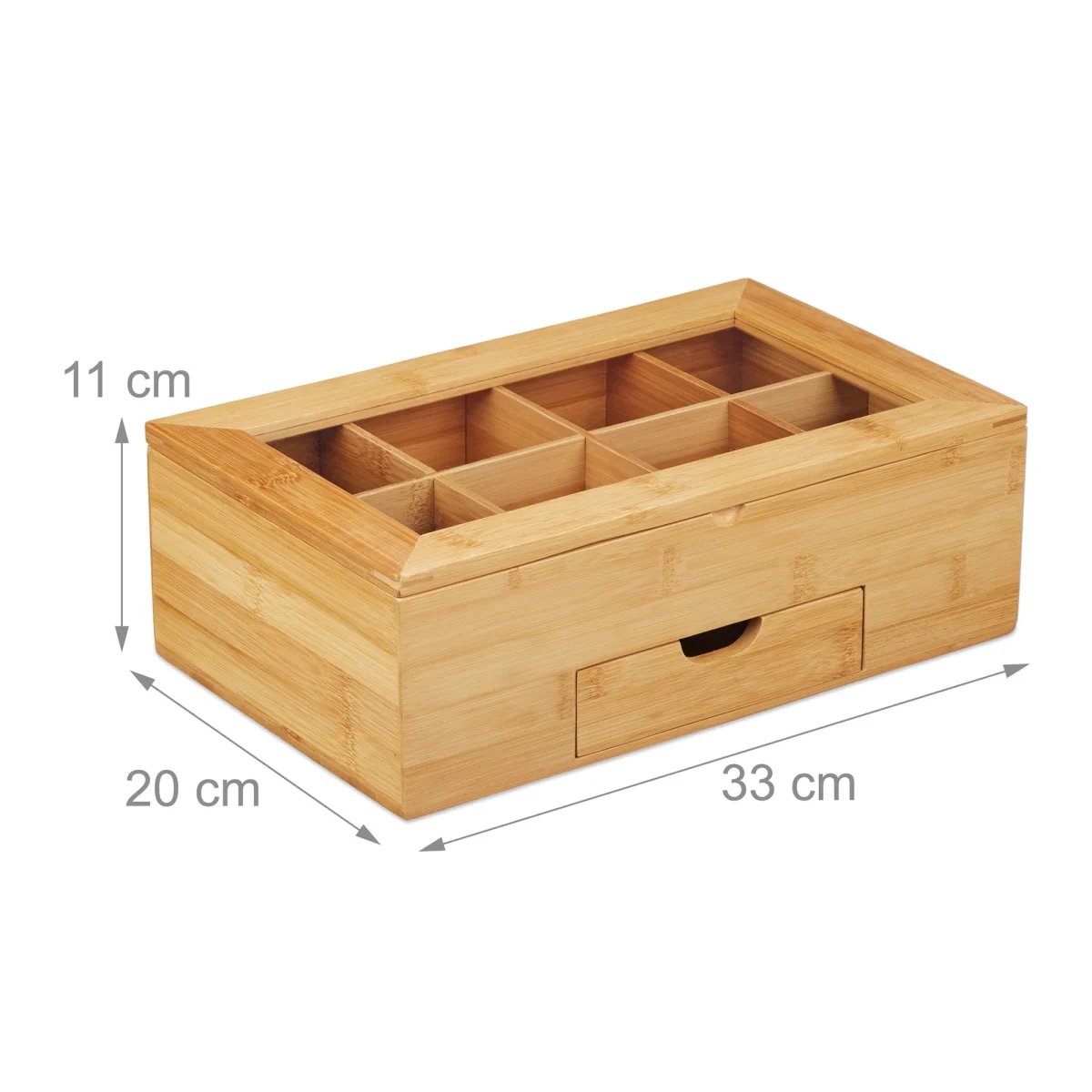 Cutie pentru ceai 8 compartimente + sertar pentru zahar, bambus natur, Relaxdays - imagine 2
