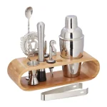 Set cocktail 9 piese inox, set barman, suport bambus