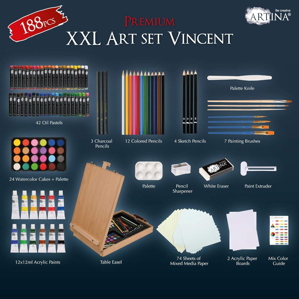 Set pictura profesional 188 piese, Deluxe, cu sevalet ,Artina Vincent - imagine 4