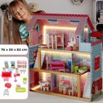 Casuta din lemn pentru papusi, lumina Led, 3 etaje, 5 camere, 16 piese mobilier, 76 x 30 x 82 cm, Infantastic