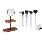Set pensule machiaj DeLuxe, 5 piese in cutie si oglinda cosmetica cu 2 rafturi