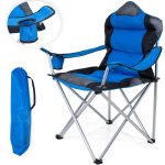 Scaun de camping/pescuit, captusit, cu spuma, pliabil, suport pahar, capacitate 150 kg, albastru
