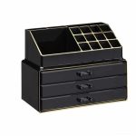 Organizator make-up si accesorii, 16 compartimente si 3 sertare, acrilic, negru gold, Relaxdays