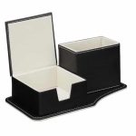 Organizator de birou din piele ecologica, 2 compartimente, pentru notite si pixuri, Relaxdays, 23,5x12x9 cm, negru