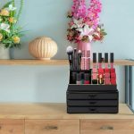 Organizator make-up si accesorii, 16 compartimente si 3 sertare, acrilic, negru gold, Relaxdays - imagine 8