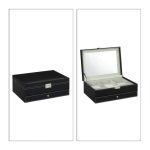 Caseta de bijuterii eleganta, din piele ecologica, pe 2 nivele + oglinda, negru, DeLuxe - imagine 7
