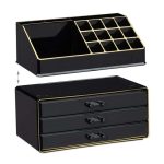 Organizator make-up si accesorii, 16 compartimente si 3 sertare, acrilic, negru gold, Relaxdays - imagine 3