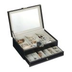 Caseta de bijuterii eleganta, din piele ecologica, pe 2 nivele + oglinda, negru, DeLuxe