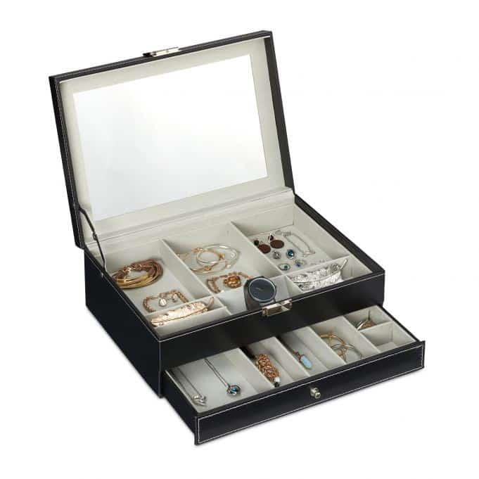 res_de73bbb44aa09793273380f075f31814 Caseta de bijuterii eleganta, din piele ecologica, pe 2 nivele + oglinda, negru, DeLuxe - imagine 1
