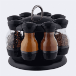 Set 8 recipiente condimente, suport rotativ, cu maner, negru/transparent, 19 x 19 x 17 cm