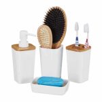 Set accesorii de baie cu 4 piese, dozator sapun lichid, savoniera, suport periute de dinti si pahar, alb