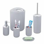Set accesorii baie Relaxdays, perie wc, cos gunoi, dispenser sapun, suport periute, pahar, suport sapun, gri, 6 piese