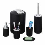 Set accesorii baie Relaxdays, perie wc, cos gunoi, dispenser sapun, suport periute, pahar, suport sapun, negru, 6 piese