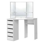 Masa de toaleta pentru machiaj "Isabella", de colt, cu 3 oglinzi, 3 rafturi si 5 sertare, MDF, alba