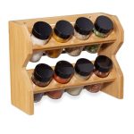 Set 8 recipiente pentru condimente, din sticla, suport bambus, maro natur/negru, 20 x 25,5 x 10 cm