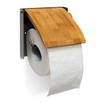 Suport hartie igienica, inox, capac din bambus rezistent la umiditate, maro/argintiu, 14,5 x 2 x 135 cm