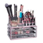 Organizator make-up si accesorii, 16 compartimente si 4 sertare, acrilic transparent/pink, 24 x 13.5 x 19 cm