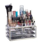 Organizator make-up si accesorii, 16 compartimente si 4 sertare, acrilic transparent/auriu, 24 x 13.5 x 19 cm