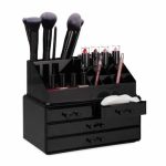 Organizator make-up si accesorii, 16 compartimente si 4 sertare, acrilic negru, 24 x 13.5 x 19 cm