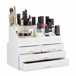 Organizator make-up si accesorii, 16 compartimente si 4 sertare, acrilic alb, 24 x 13.5 x 19 cm