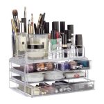 Organizator make-up si accesorii, 16 compartimente si 4 sertare, acrilic transparent, 24 x 13.5 x 19 cm