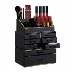 Organizator make-up si bijuterii, 16 compartimente si 8 sertare, acrilic negru/auriu, 24 x 14 x 30 cm