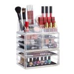 Organizator make-up si bijuterii, 16 compartimente si 8 sertare, acrilic transparent/auriu, 24 x 14 x 30 cm
