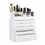 Organizator make-up si bijuterii, 16 compartimente si 8 sertare, acrilic alb, 24 x 14 x 30 cm