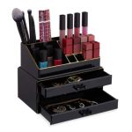 Organizator machiaj si accesorii, 16 compartimente si 3 sertare, acrilic negru/auriu, 19 x 23,5 x 14 cm