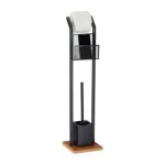 Perie toaleta cu suport hartie, compartiment smartphone, suport stativ, negru/maro, 78 x 18,5 x 18,5 cm