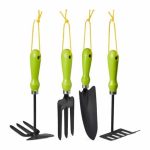 Set 4 mini ustensile gradinarit, mistrie, grebla, sapa dubla si furca, verde/nergu