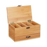 Cutie depozitare accesorii de croitorie, din bambus natural, cu capac, 4 compartimente si un sertar, maner si inchidere cu finisaj antic, maro natur, 20 x 12 x 11 cm - imagine 10
