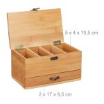 Cutie depozitare accesorii de croitorie, din bambus natural, cu capac, 4 compartimente si un sertar, maner si inchidere cu finisaj antic, maro natur, 20 x 12 x 11 cm - imagine 3