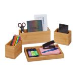 Set organizator de birou, 4 piese, din bambus natural, maro natur
