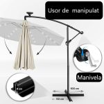 Umbrela terasa/gradina cu lumina LED, husa protectie, panou incarcare solara, protectie UV 50+, rotire la 360°, inclinatie reglabila, manivela, Ø 300 cm, crem - imagine 6