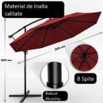 Umbrela terasa/gradina, protectie UV 50+, rezistent la intemperii/vant, acoperire hidrofuga, rotire la 360°, inclinatie reglabila, manivela practica, inaltime 240 cm x Ø 300 cm, rosu inchis - imagine 3