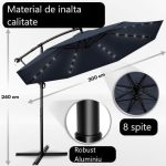 Umbrela terasa/gradina, cu lumina LED, husa protectie, protectie UV 50+, rotire la 360°, inclinatie reglabila, manivela, Ø 300 cm, albastru inchis - imagine 2