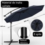 Umbrela terasa/gradina, protectie UV 50+, rezistent la intemperii/vant, acoperire hidrofuga, rotire la 360°, inclinatie reglabila, manivela practica, inaltime 240 cm x Ø 300 cm, albastru inchis - imagine 3