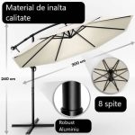 Umbrela terasa/gradina, protectie UV 50+, rezistent la intemperii/vant, acoperire hidrofuga, rotire la 360°, inclinatie reglabila, manivela practica, inaltime 240 cm x Ø 300 cm, crem - imagine 2
