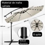 Umbrela terasa/gradina cu lumina LED, husa protectie, panou incarcare solara, protectie UV 50+, rotire la 360°, inclinatie reglabila, manivela, Ø 300 cm, crem - imagine 5