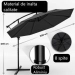 Umbrela terasa/gradina, protectie UV 50+, rezistent la intemperii/vant, acoperire hidrofuga, rotire la 360°, inclinatie reglabila, manivela practica, inaltime 240 cm x Ø 300 cm, antracit - imagine 3